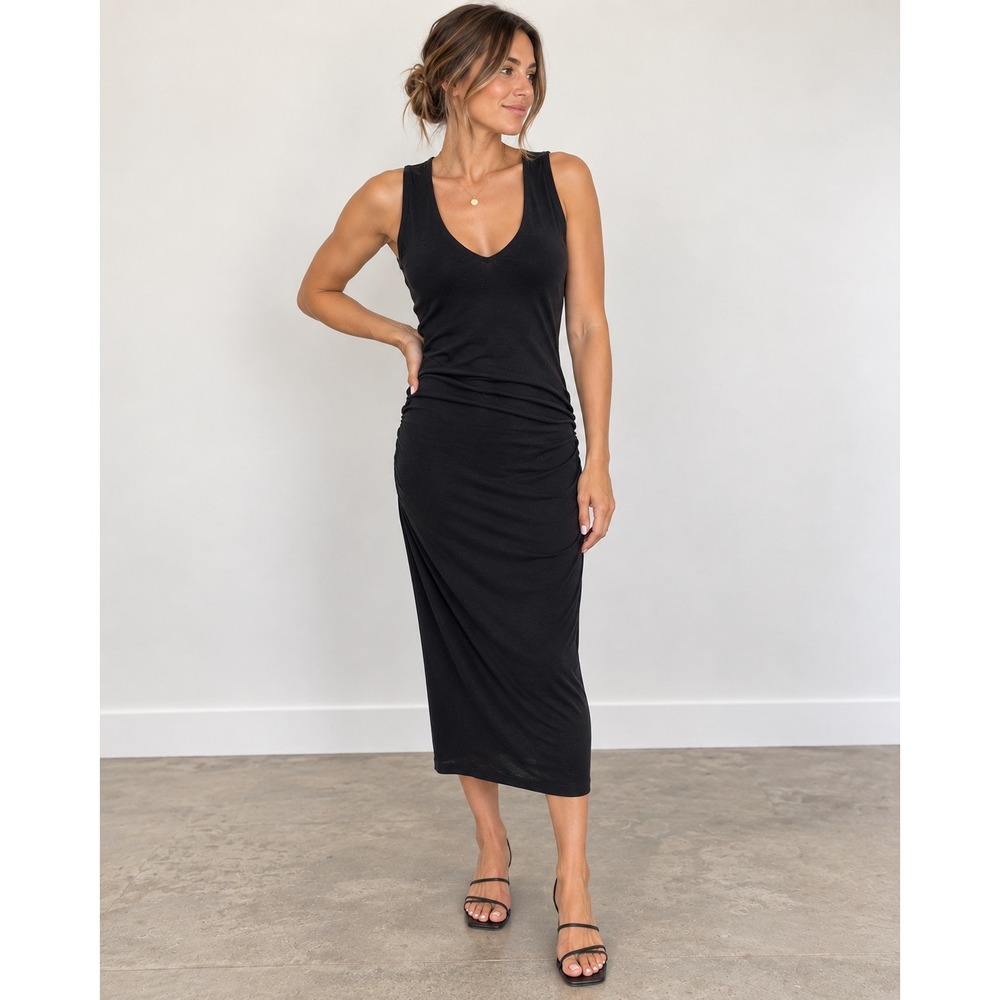 James Perse Tencel Solid Black Ruched Midi Dress Womens Size 3 Minimalist LBD